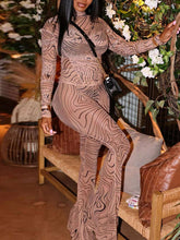Street-Fashion Personality Line Print Mesh Turtleneck Long Sleeve & Flare Pants Set